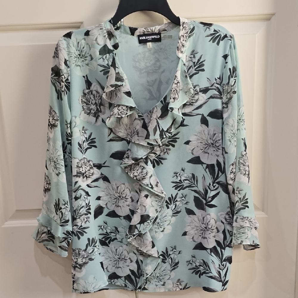 Karl Lagerfield Mint Green Floral Ruffle Blouse